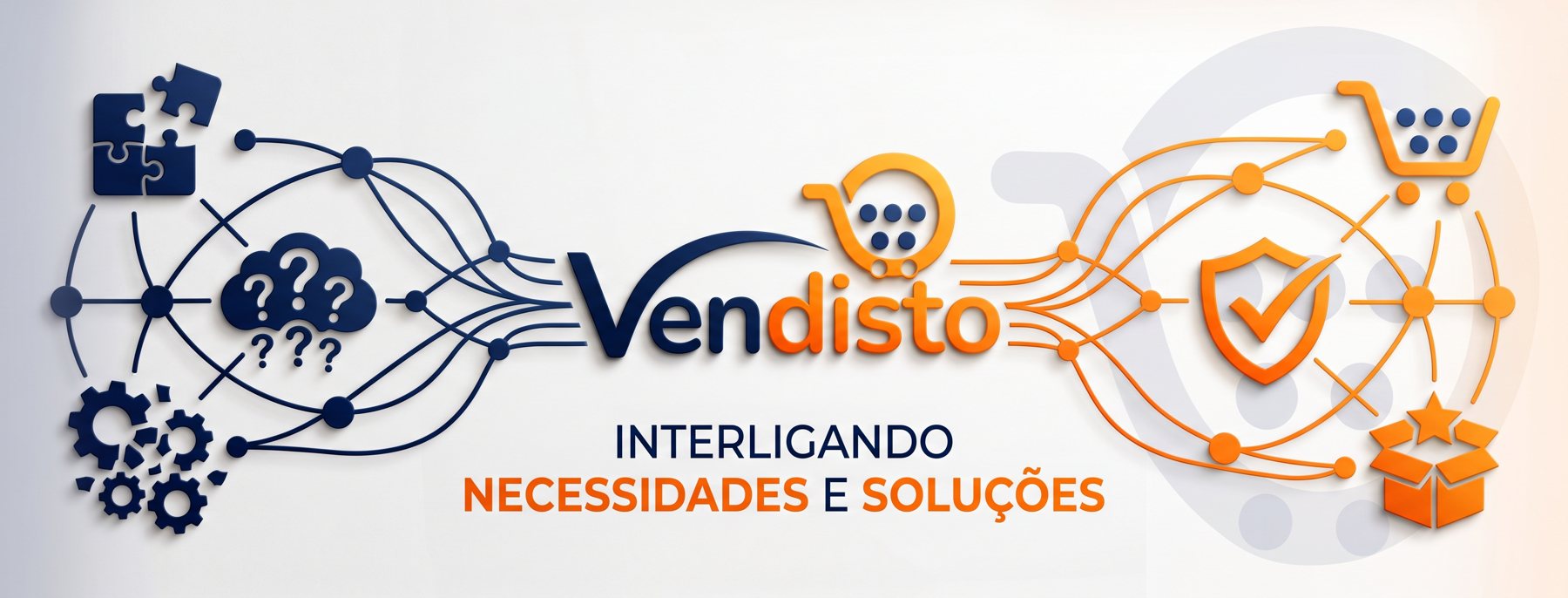Logo Vendisto com a frase Interligando necessidades e soluções, ilustrado por redes que ligam problemas e soluções